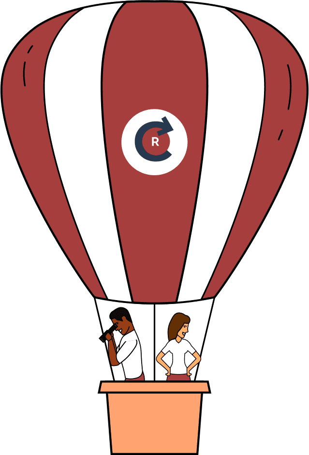 Illustration of two people in a blue and white hot air balloon with the Chooz logo, representing Roofers directory exploration and discovery