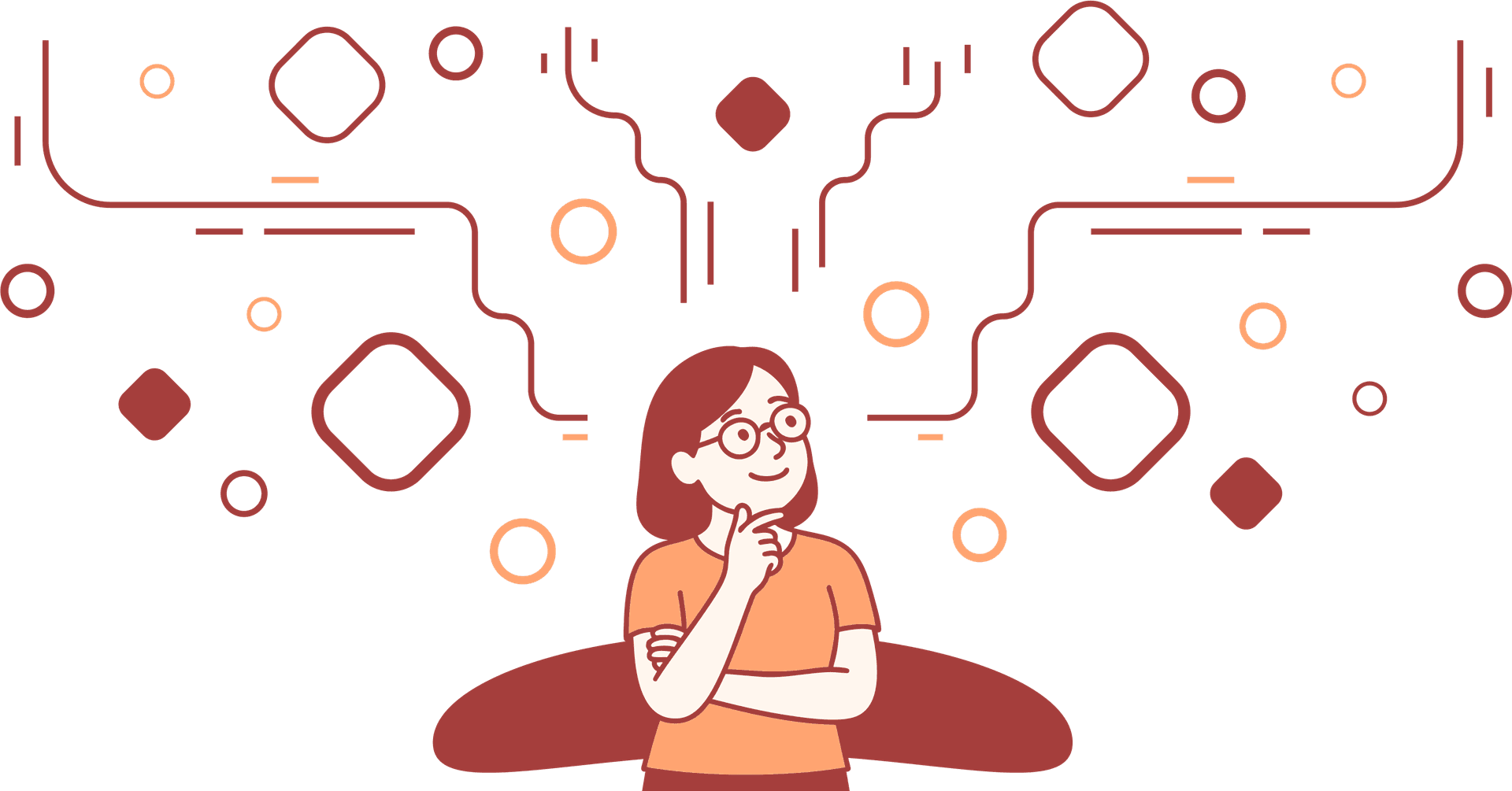 Illustration of a thoughtful person surrounded by abstract network lines and nodes, symbolizing searching and comparing local painters online